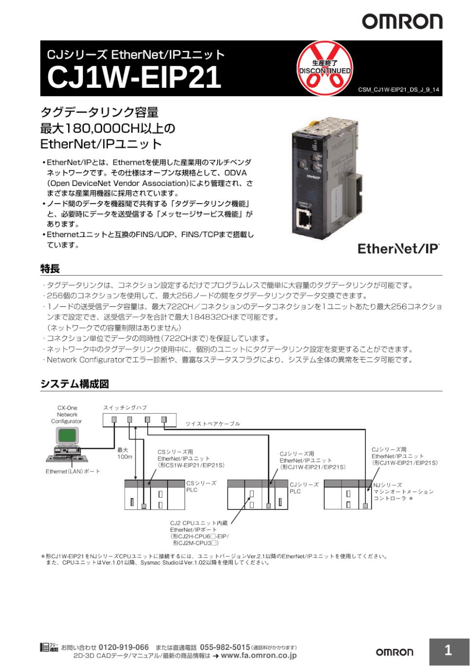 CJ1W-EIP21 CJシリーズ EtherNet/IPユニット/ダウンロード資料一覧